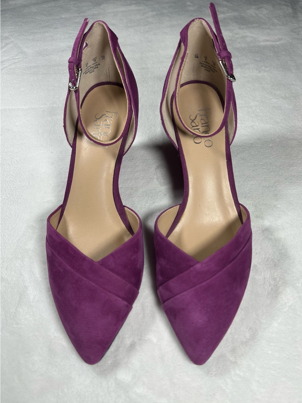 Franco Sarto Purple Suede Wedge Heel Pointed Toe Strappy Ankle Size 8